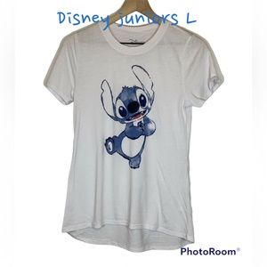 Disney Lilo and Stitch T-Shirt Juniors sz L hi lo White Blue Short Sleeve EUC